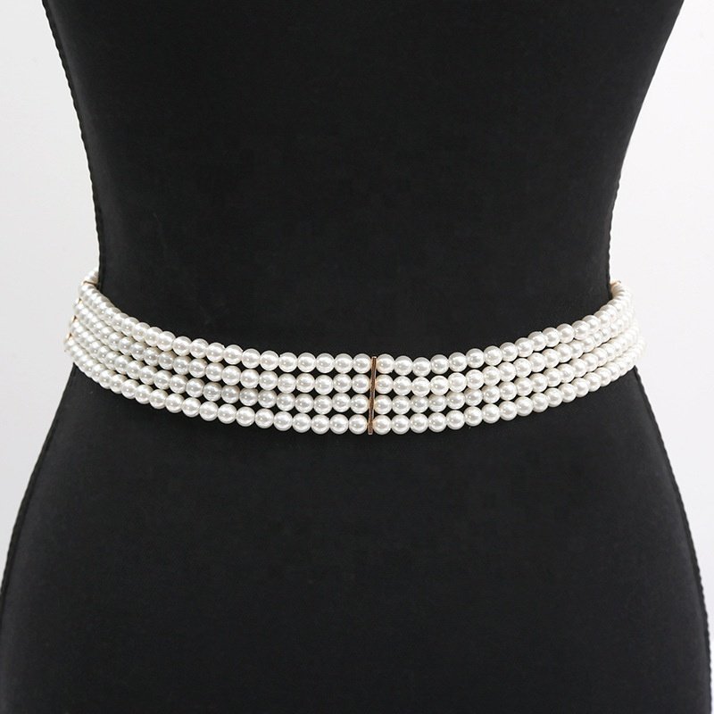 4 Rows Fashion Woman Elastic Flower Shaped Bead Buckle Elegant Pearl Chain Belt For Ladies Dress