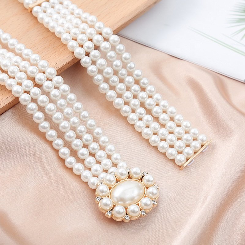 4 Rows Fashion Woman Elastic Flower Shaped Bead Buckle Elegant Pearl Chain Belt For Ladies Dress