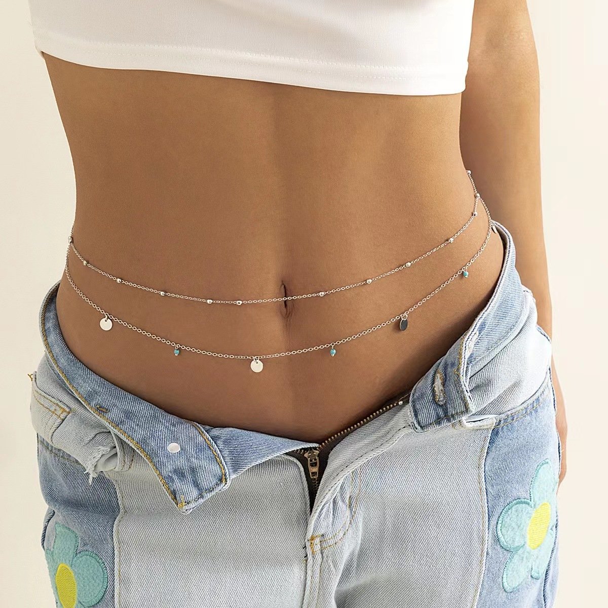 2023 hot sale fashion fine jeweley woman sexy body chain face chian gold Double pearl shiny waist chain for women