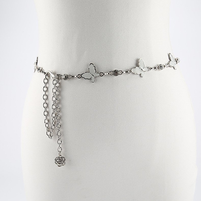 New Fashion Hot Sale Plus Size Metal Butterfly Rhinestone Chain Woman Dress Decorate Simple Waist Belts