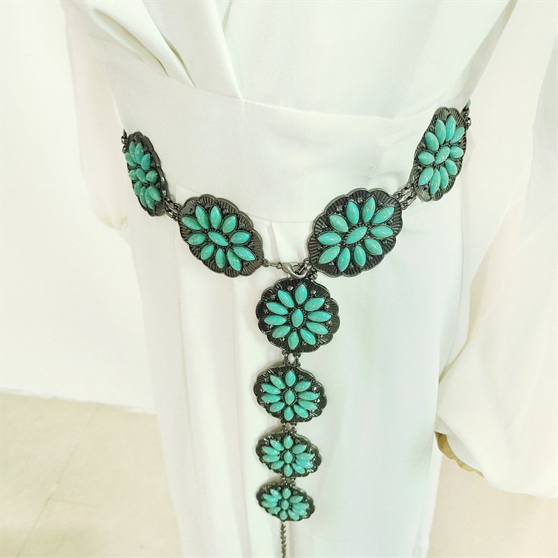 RTS Vintage Western Turquoise Flower Concho Chain For Adult Cowgirl Belt Chain Oval Turquoise Stone Long Size