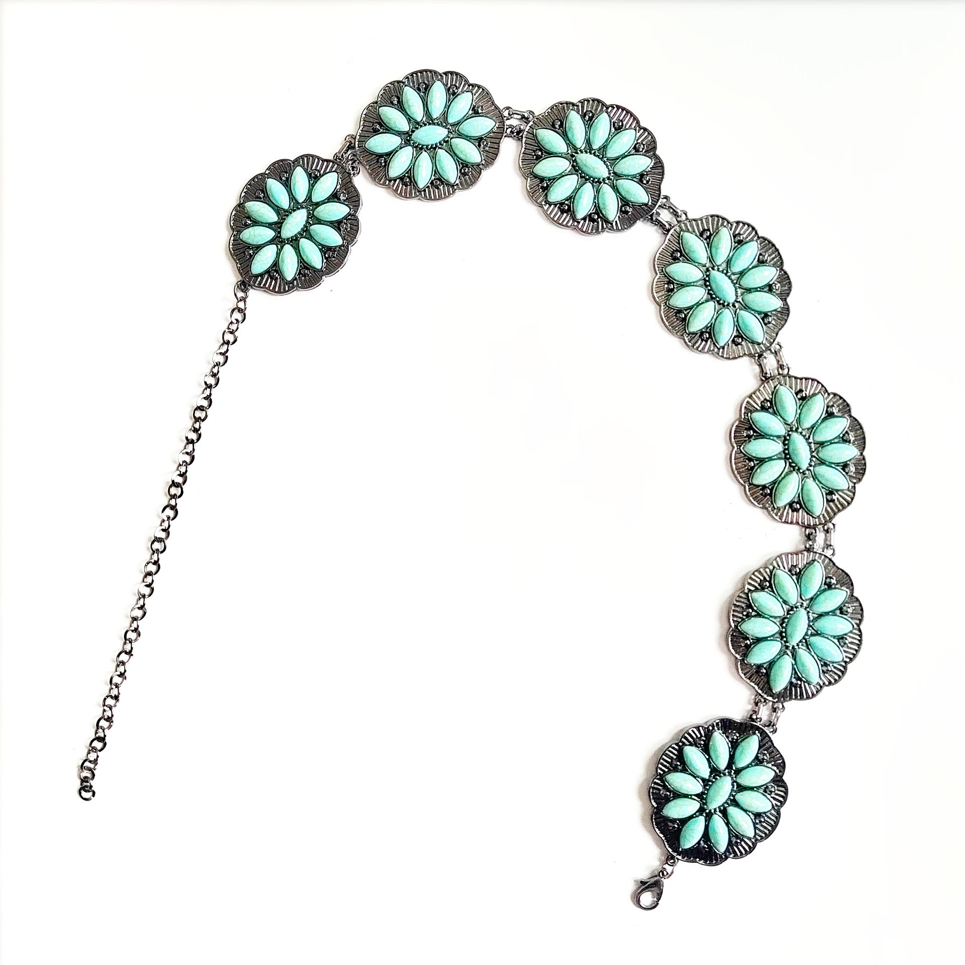 RTS Vintage Western Turquoise Flower Concho Chain For Adult Cowgirl Belt Chain Oval Turquoise Stone Long Size