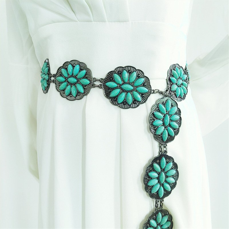 RTS Vintage Western Turquoise Flower Concho Chain For Adult Cowgirl Belt Chain Oval Turquoise Stone Long Size