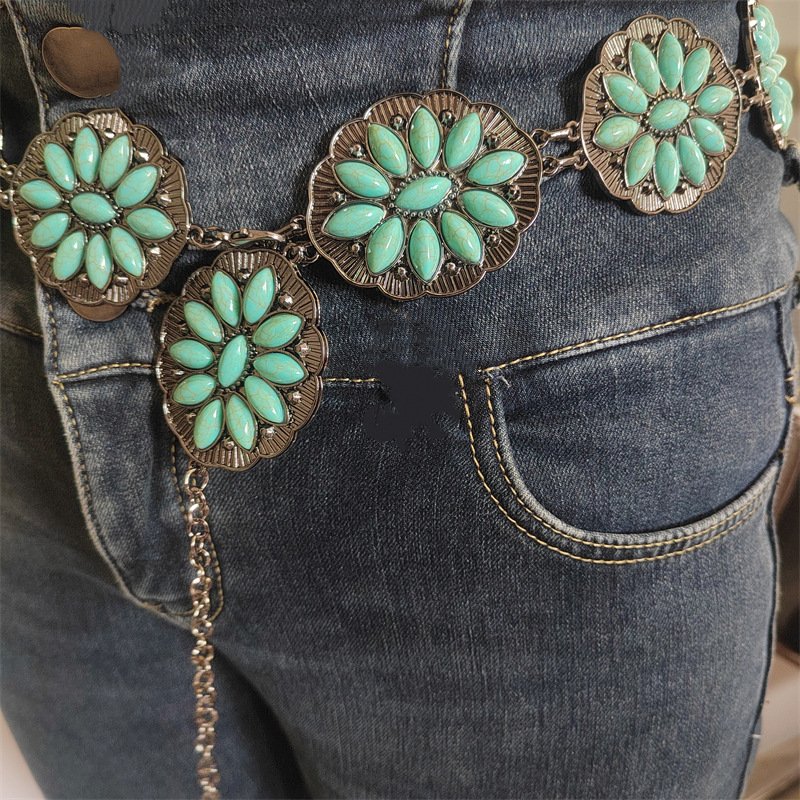RTS Vintage Western Turquoise Flower Concho Chain For Adult Cowgirl Belt Chain Oval Turquoise Stone Long Size