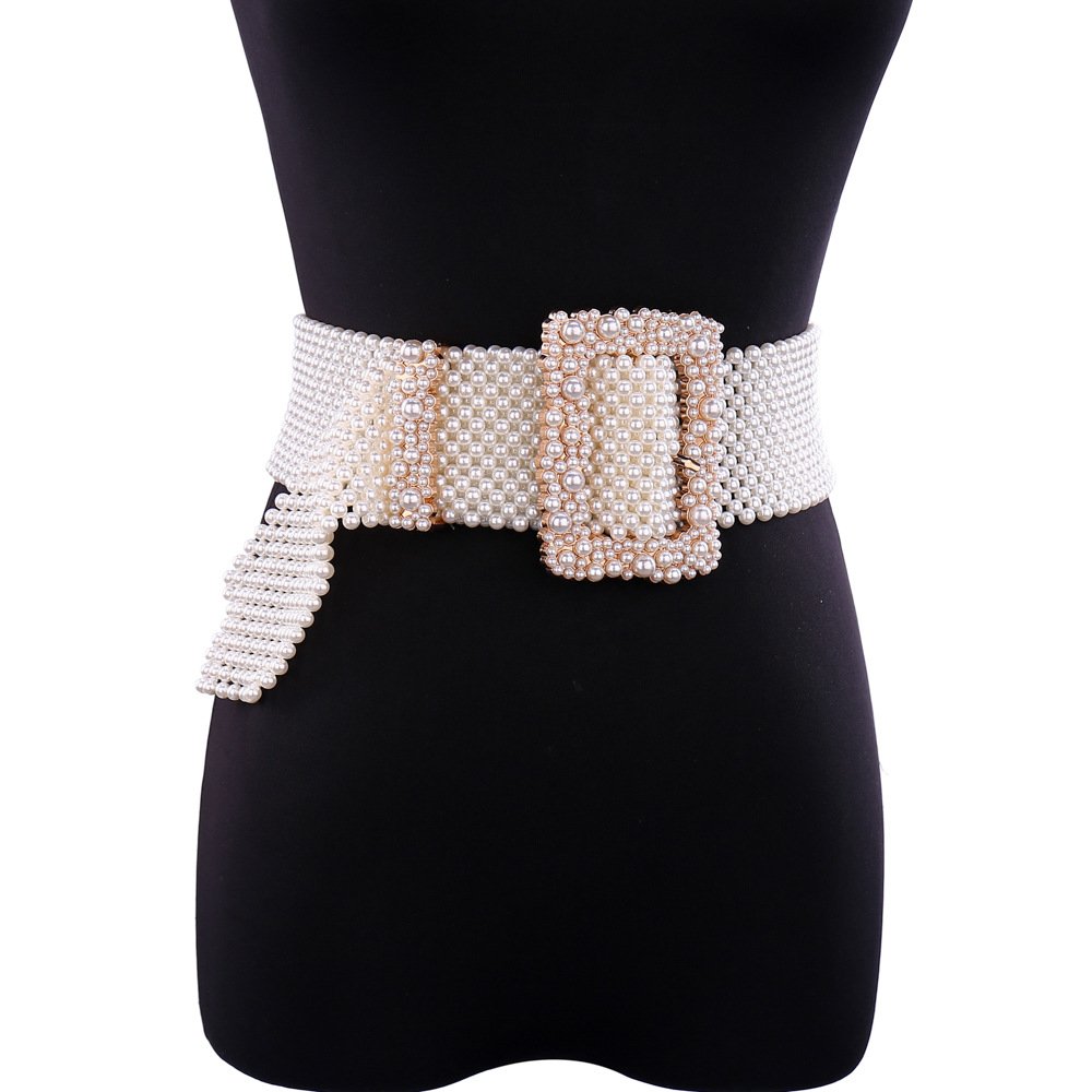 Wholesale high quality wide 6.5cm width fashion fancy luxury diamond crystal pearls chain belt