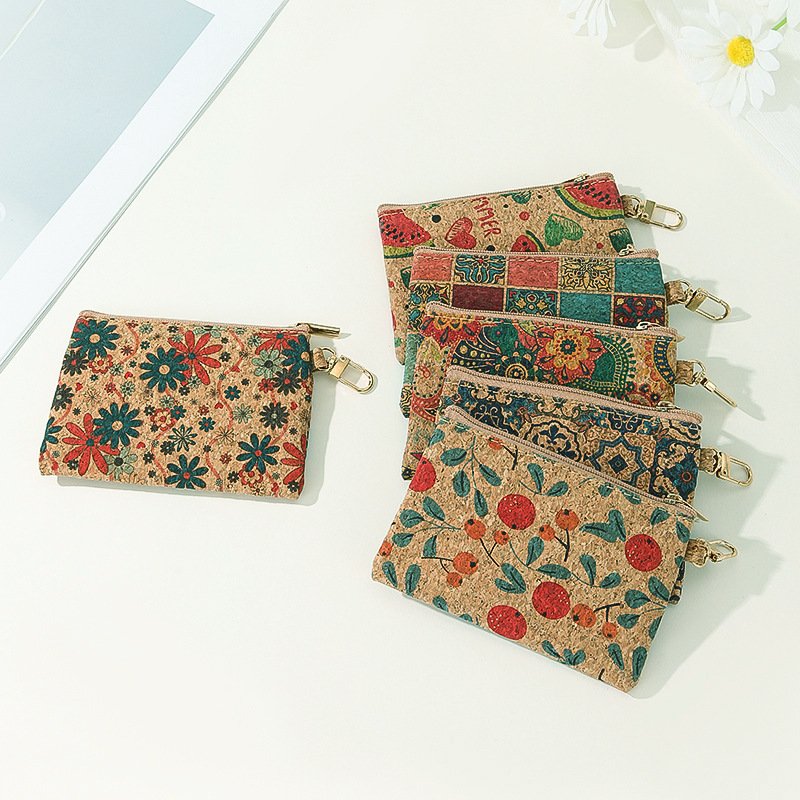 High quality Eco Friendly Women Cork Custom Cute Coin Purse Portable Keychain Zipper Bag Credit Card Holder Wallet Vegan Gift