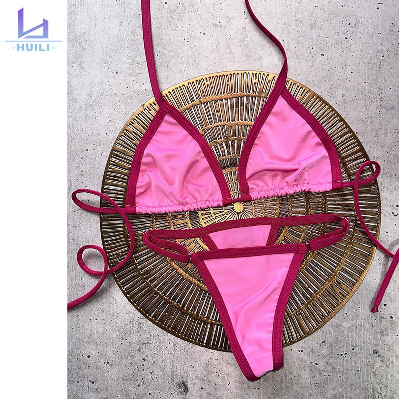 Custom Thong Bikini Womens String Bandage Swimwear Triangle Tie Dye Blue String Bikini Two Piece Halter Swimsuit