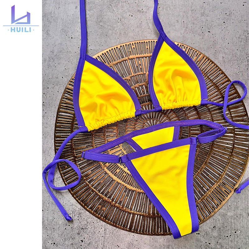Custom Thong Bikini Womens String Bandage Swimwear Triangle Tie Dye Blue String Bikini Two Piece Halter Swimsuit