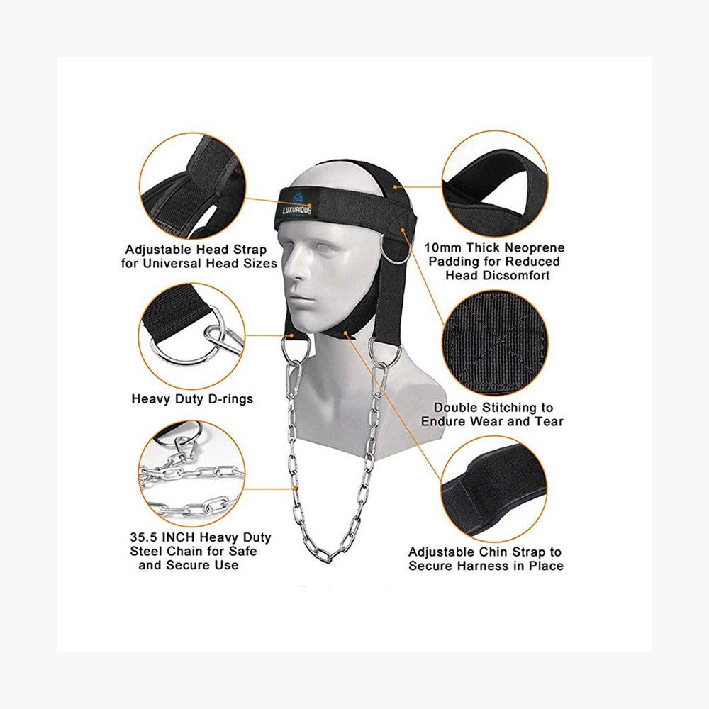 Adjustable Head and Chin Neoprene Strap Weight Lifting Neck Training Head Harness Exercise with Chain Belt for Home and Gym