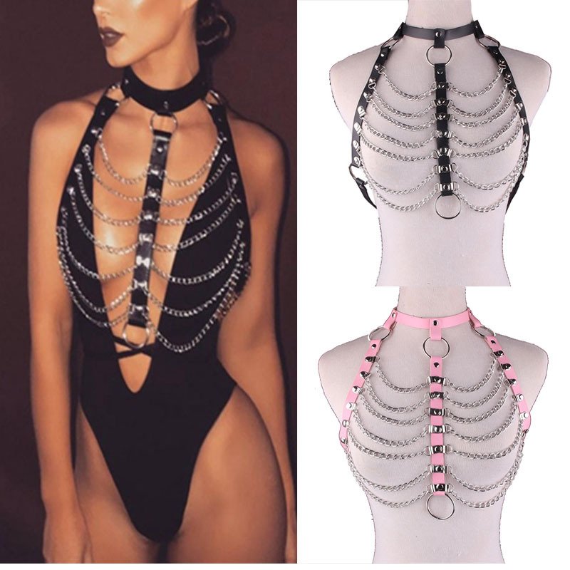 Harajuku Unisex Men Women PU Leather Punk Gothic Body Chest Harness Halter Neck Chain Tassel Chest Belt