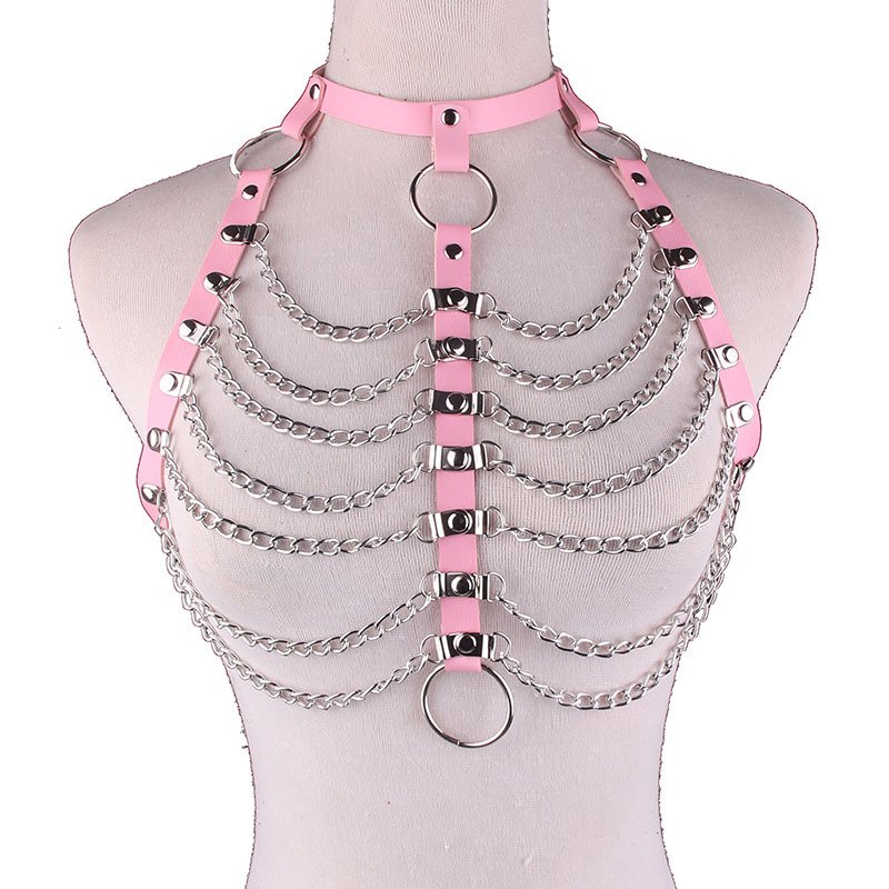 Harajuku Unisex Men Women PU Leather Punk Gothic Body Chest Harness Halter Neck Chain Tassel Chest Belt