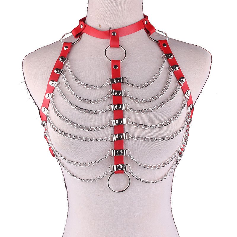 Harajuku Unisex Men Women PU Leather Punk Gothic Body Chest Harness Halter Neck Chain Tassel Chest Belt
