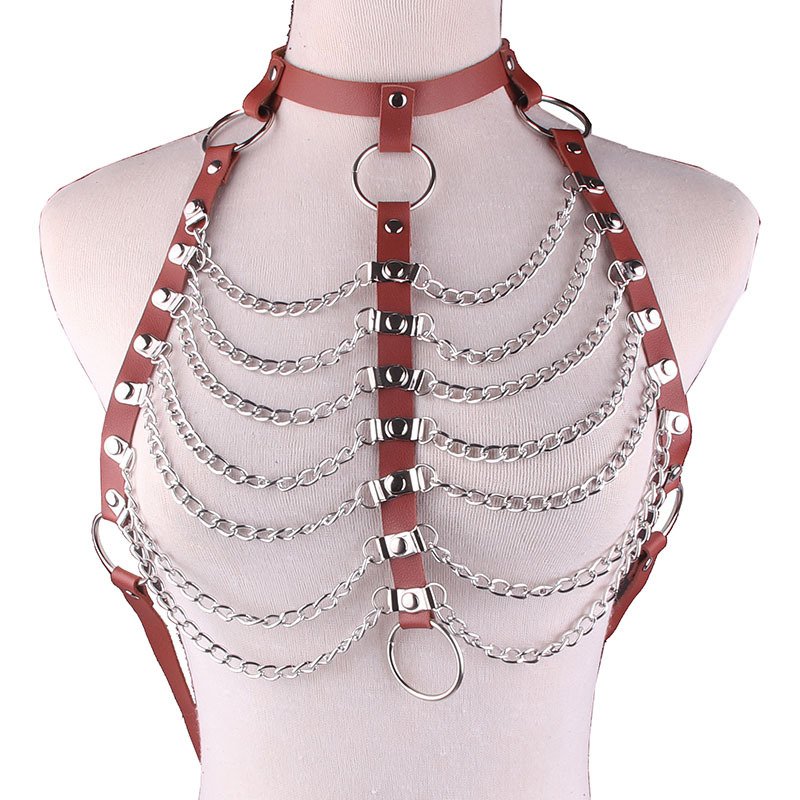 Harajuku Unisex Men Women PU Leather Punk Gothic Body Chest Harness Halter Neck Chain Tassel Chest Belt