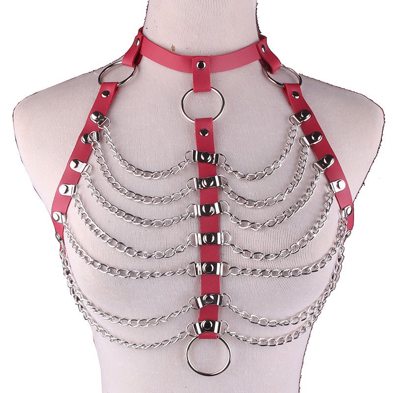Harajuku Unisex Men Women PU Leather Punk Gothic Body Chest Harness Halter Neck Chain Tassel Chest Belt
