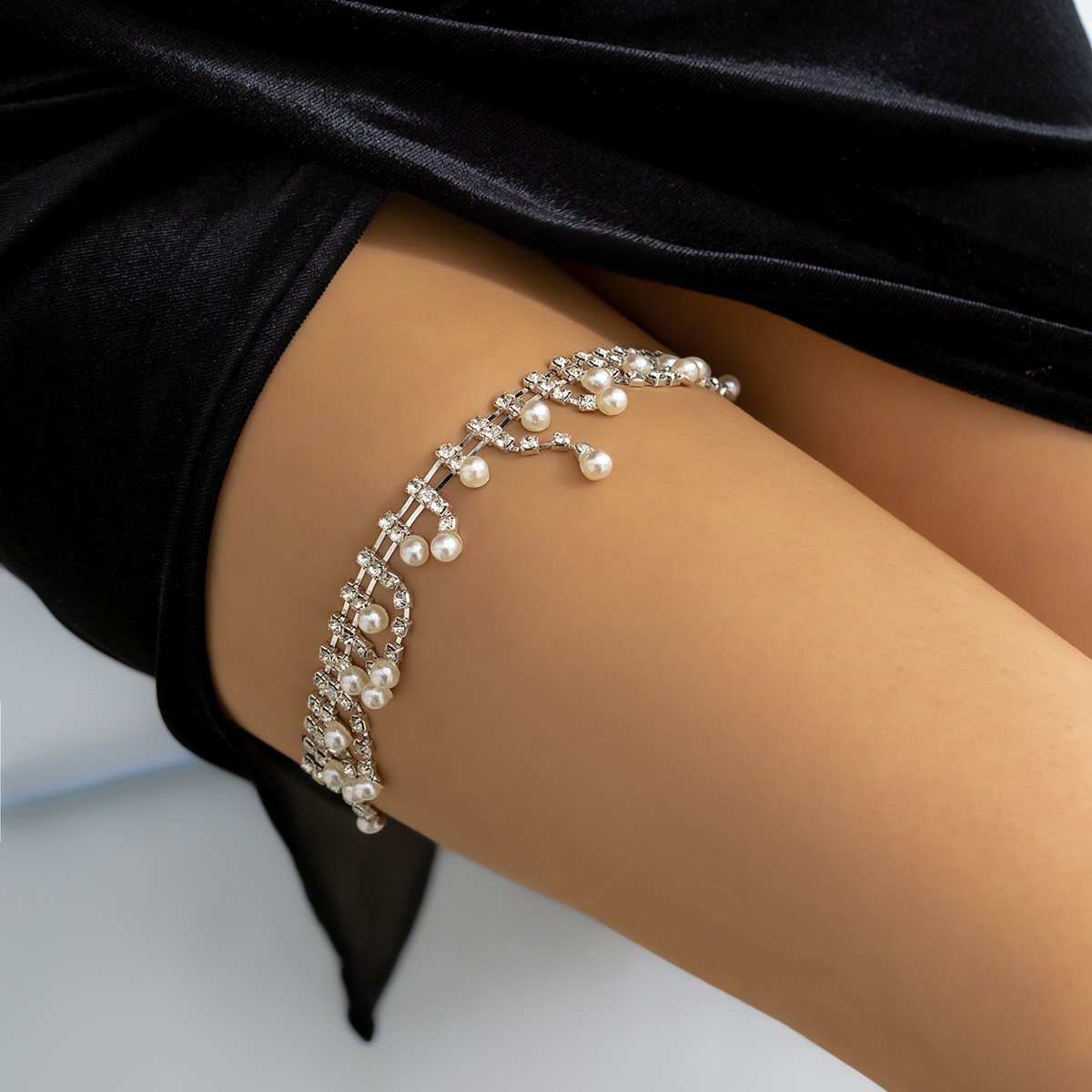 Sexy Elastic Belt Tassels Chain Beach Leg Ring Body Chains Simple Shiny Pearl Rhinestone Thigh Pearl Chain Women Accessories