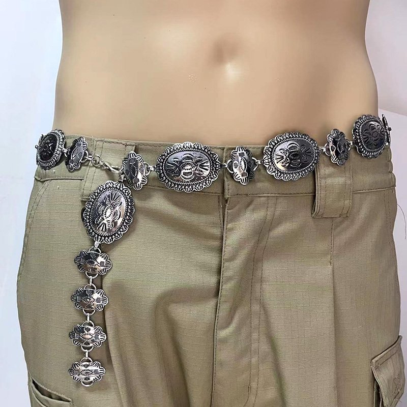 Gina Collection Metal Waist Chain Belt Adjustable Women Western Oval Concho Chain Belt for Jeans or Dresses