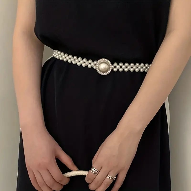 Pearl Waist Chain Womens Large Pearl Inlaid Diamond Elastic Belt with Waist Decoration Thin Belt Beaded Elastic Belt