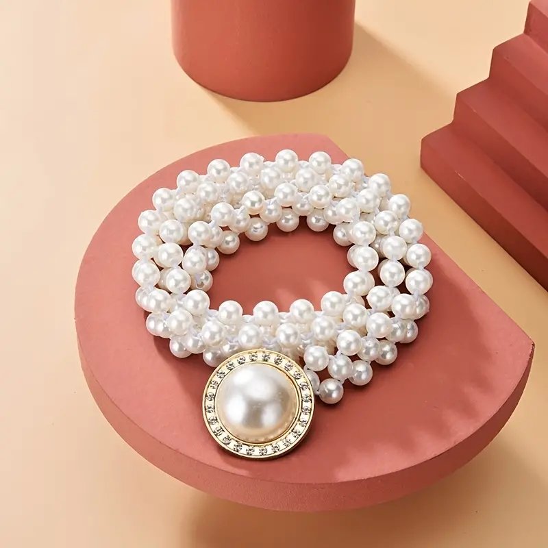 Pearl Waist Chain Womens Large Pearl Inlaid Diamond Elastic Belt with Waist Decoration Thin Belt Beaded Elastic Belt