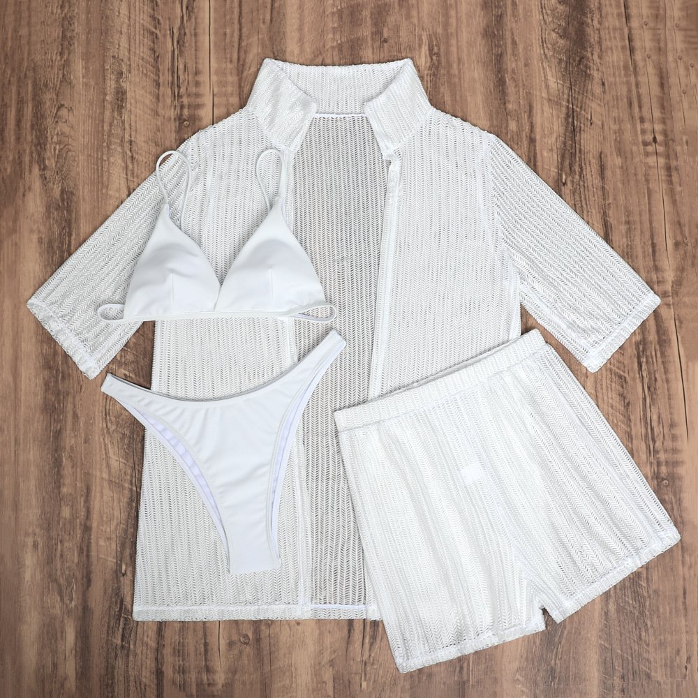 STOCK Two Colors Knit Short Sleeve Top Boyleg Short Women 4Pieces Swimwear Brazilian Bikini Cover Ups