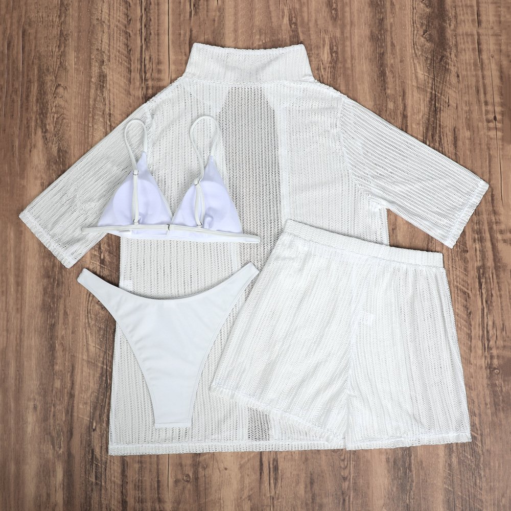 STOCK Two Colors Knit Short Sleeve Top Boyleg Short Women 4Pieces Swimwear Brazilian Bikini Cover Ups