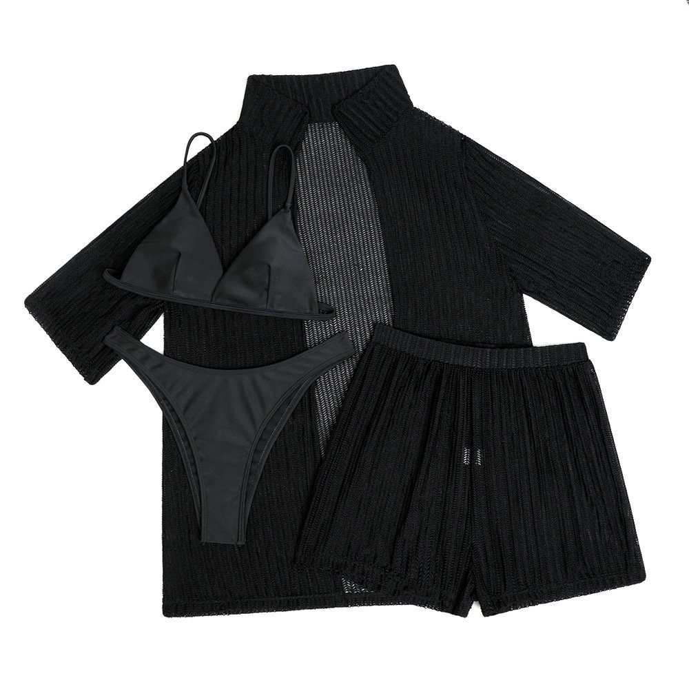 STOCK Two Colors Knit Short Sleeve Top Boyleg Short Women 4Pieces Swimwear Brazilian Bikini Cover Ups