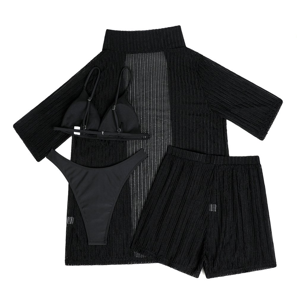 STOCK Two Colors Knit Short Sleeve Top Boyleg Short Women 4Pieces Swimwear Brazilian Bikini Cover Ups