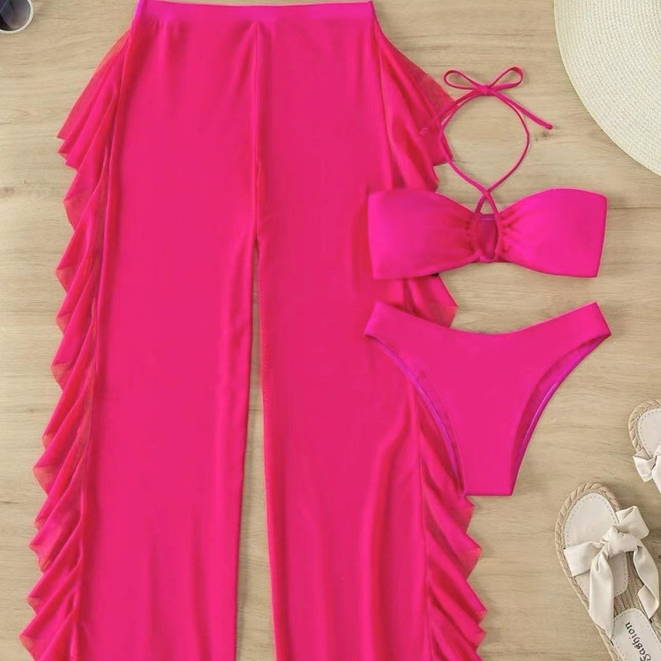 STOCK 4Colors Bandeau Top Women 3Pieces Swimwear Brazilian Bikini Ruffle Sheer Pant Transparent Cover Up
