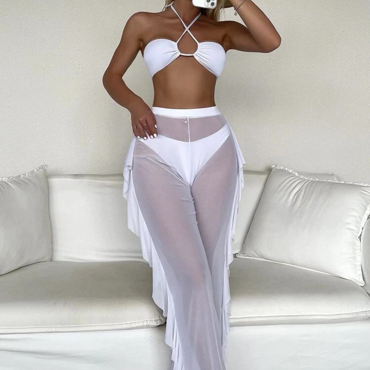 STOCK 4Colors Bandeau Top Women 3Pieces Swimwear Brazilian Bikini Ruffle Sheer Pant Transparent Cover Up