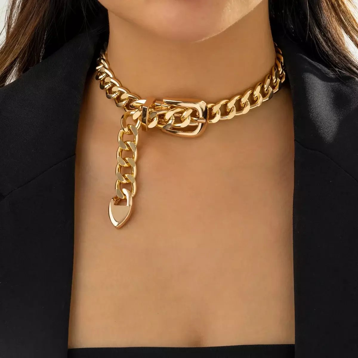 SHIXIN 2022 New Fashion Necklace Hip Hop Simple Design Belt Buckle Chain Collarbone Choker Retro Cool Style Personality Necklace