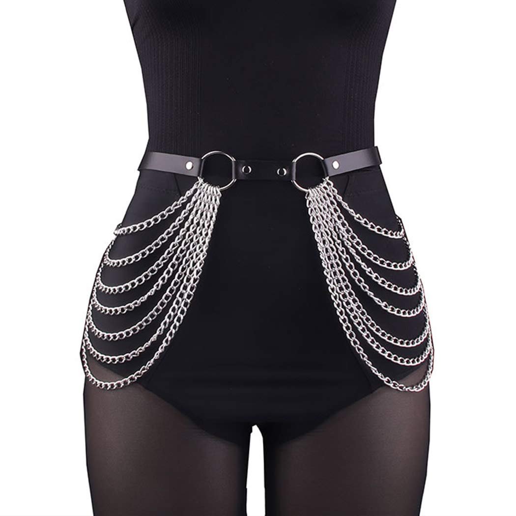 Punk Black Waist Chain Belt Leather Layered Belly Body Chains Rave Body Jewelry Accessories for Women and Girls