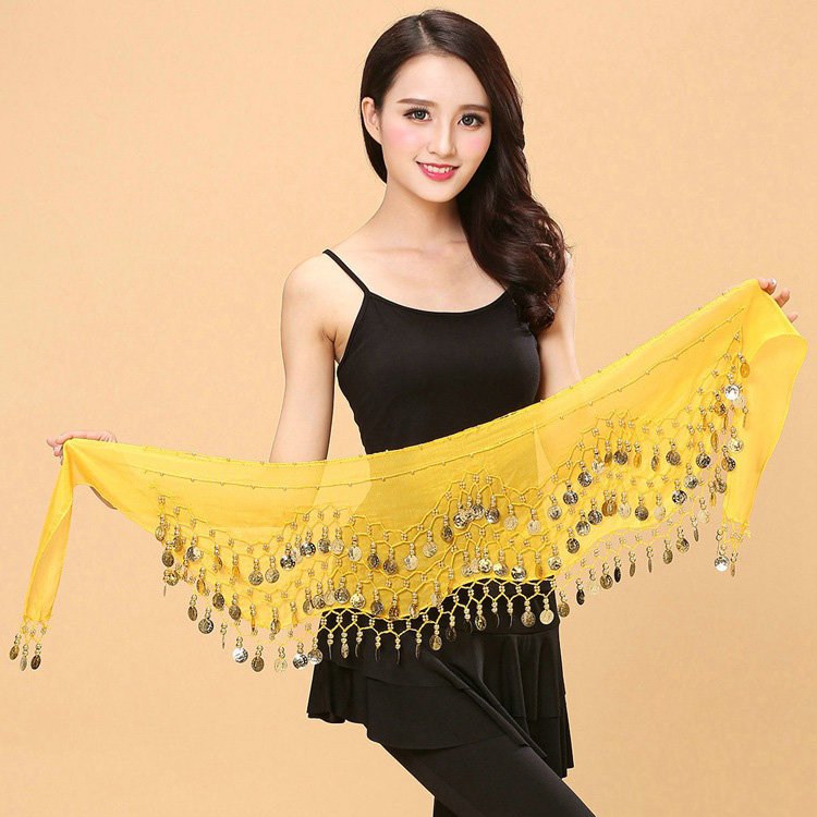 Women's Belly Dancing Hip Scarf Sash Skirt with Coin Belt Waist Chain Performance Accessory for Adults