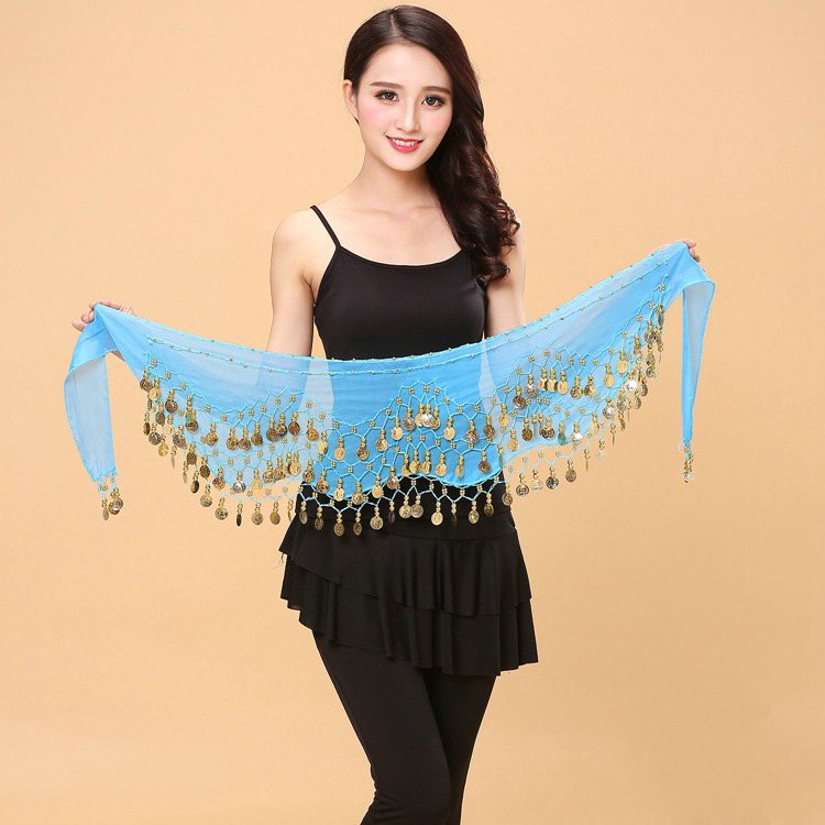 Women's Belly Dancing Hip Scarf Sash Skirt with Coin Belt Waist Chain Performance Accessory for Adults