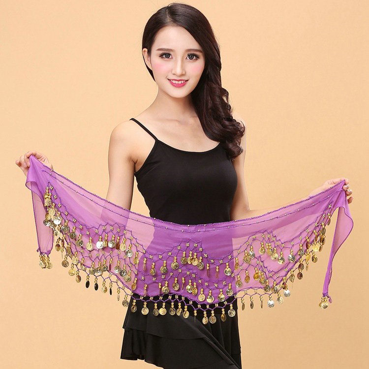 Women's Belly Dancing Hip Scarf Sash Skirt with Coin Belt Waist Chain Performance Accessory for Adults