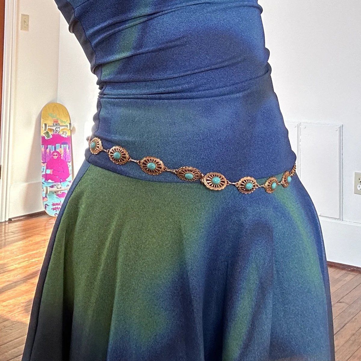 Womens Metal Chain Dress Belt Hollow Out Daisy Sweater Turquoise Belt Decorated Skinny Waist Belt