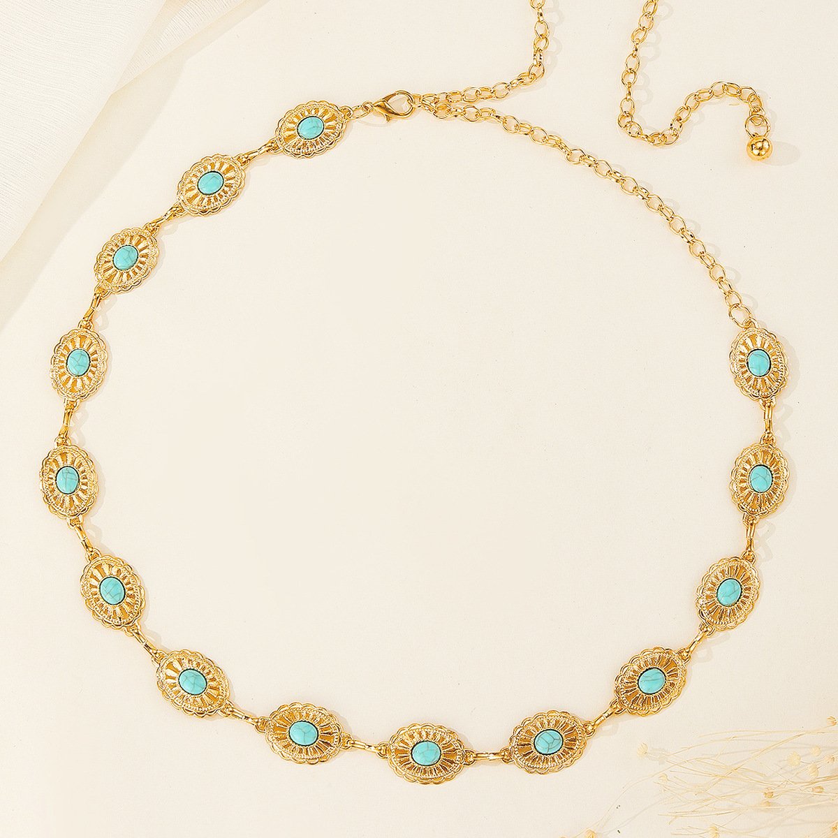 Womens Metal Chain Dress Belt Hollow Out Daisy Sweater Turquoise Belt Decorated Skinny Waist Belt