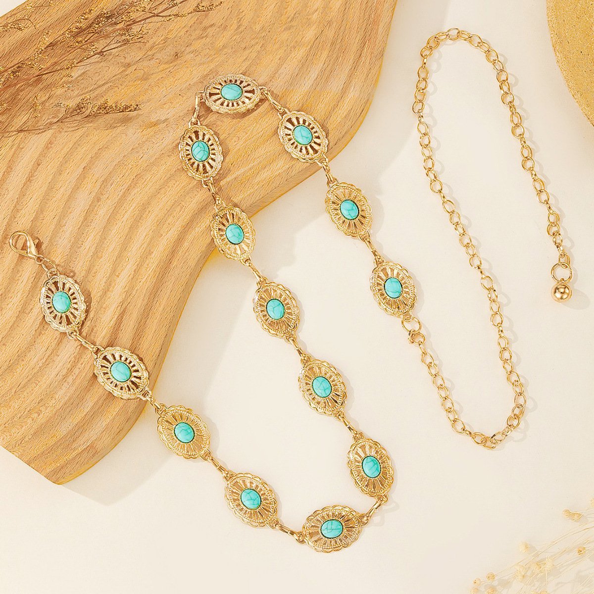 Womens Metal Chain Dress Belt Hollow Out Daisy Sweater Turquoise Belt Decorated Skinny Waist Belt