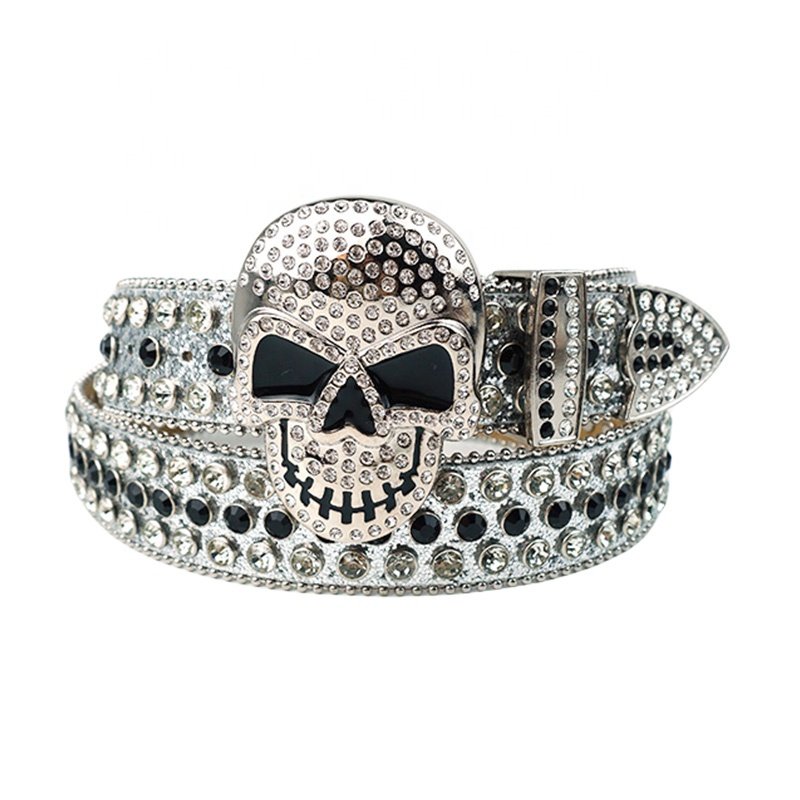 Wholesale Luxury 38mm Skull-Shaped Sparkling Crystal Diamond PU Belts Rhinestones Alloy Denim Studs Men Women's Clothing