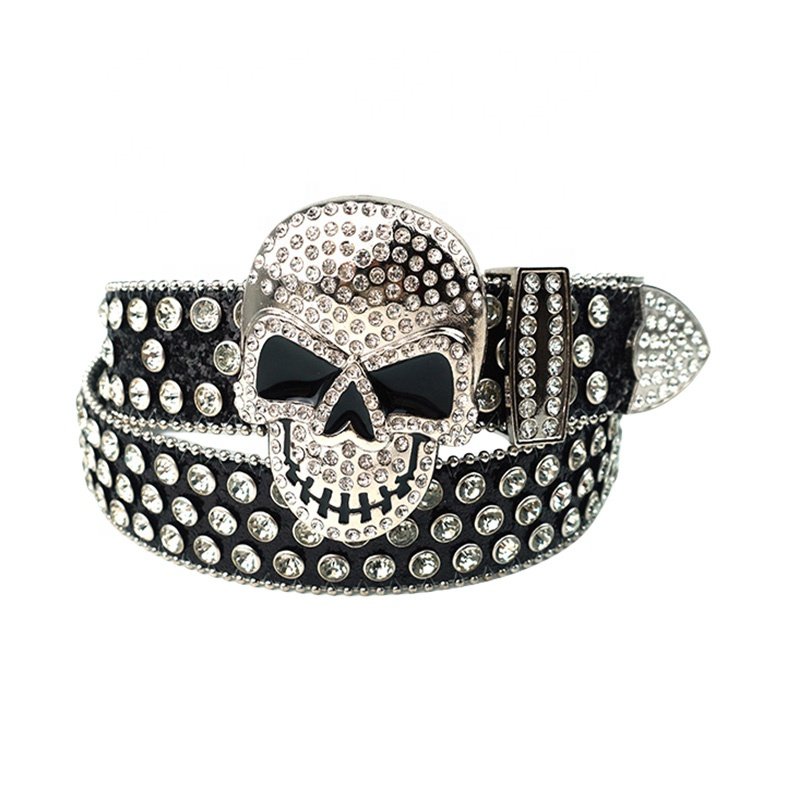 Wholesale Luxury 38mm Skull-Shaped Sparkling Crystal Diamond PU Belts Rhinestones Alloy Denim Studs Men Women's Clothing