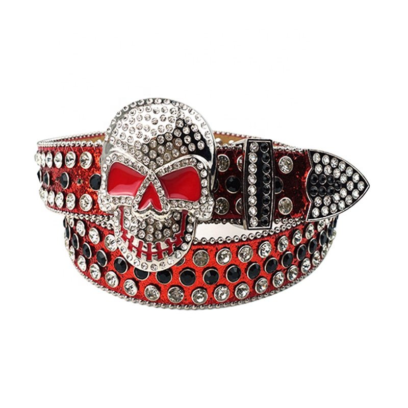Wholesale Luxury 38mm Skull-Shaped Sparkling Crystal Diamond PU Belts Rhinestones Alloy Denim Studs Men Women's Clothing