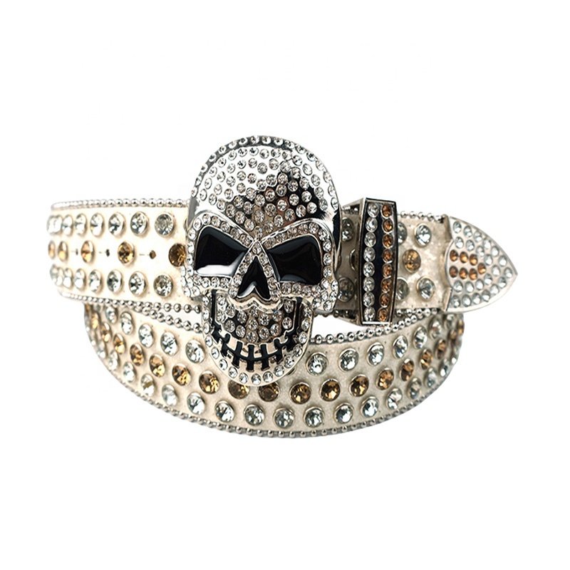 Wholesale Luxury 38mm Skull-Shaped Sparkling Crystal Diamond PU Belts Rhinestones Alloy Denim Studs Men Women's Clothing