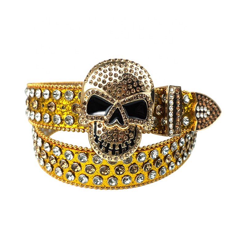 Wholesale Luxury 38mm Skull-Shaped Sparkling Crystal Diamond PU Belts Rhinestones Alloy Denim Studs Men Women's Clothing