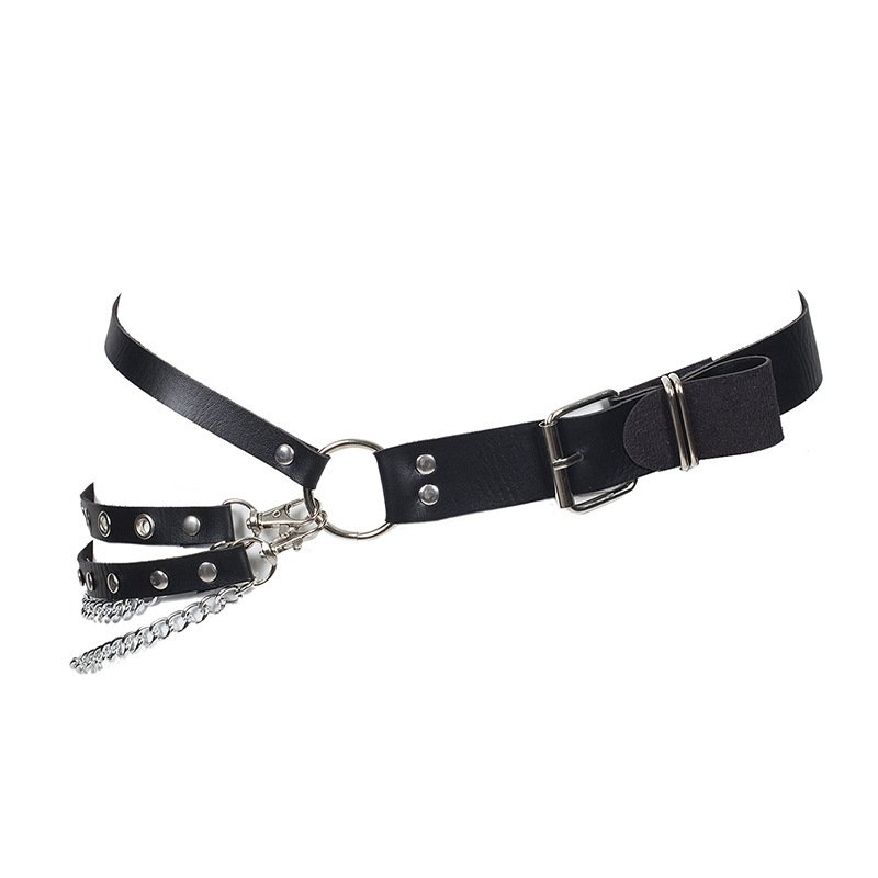 Fashion Women Gothic Punk Waist Belt Chain Metal Circle Ring Design Silver Pin Buckle Leather Black Waistband Jeans Waist Belts
