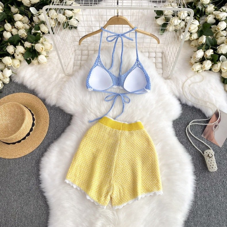 STOCK 3Colors Push Up Bikini Set Crochet Women Two Pieces Swimwear Boyleg Short Bralette Top