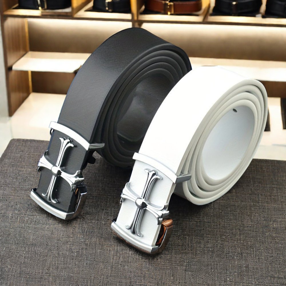 Famous Band Custom Luxury Men's Genuine Cow Hide Leather Belt with Cross Buckle Fashionable Dress Reversible PU Alloy Material