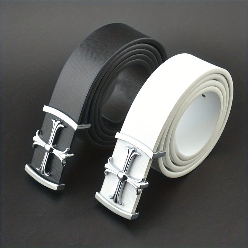 Famous Band Custom Luxury Men's Genuine Cow Hide Leather Belt with Cross Buckle Fashionable Dress Reversible PU Alloy Material