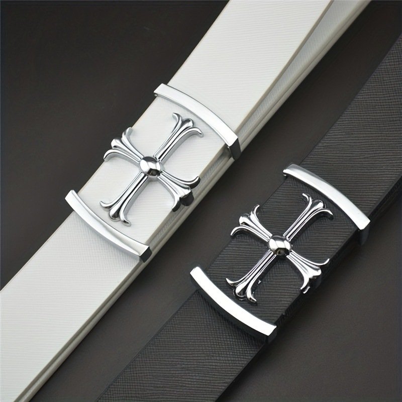 Famous Band Custom Luxury Men's Genuine Cow Hide Leather Belt with Cross Buckle Fashionable Dress Reversible PU Alloy Material