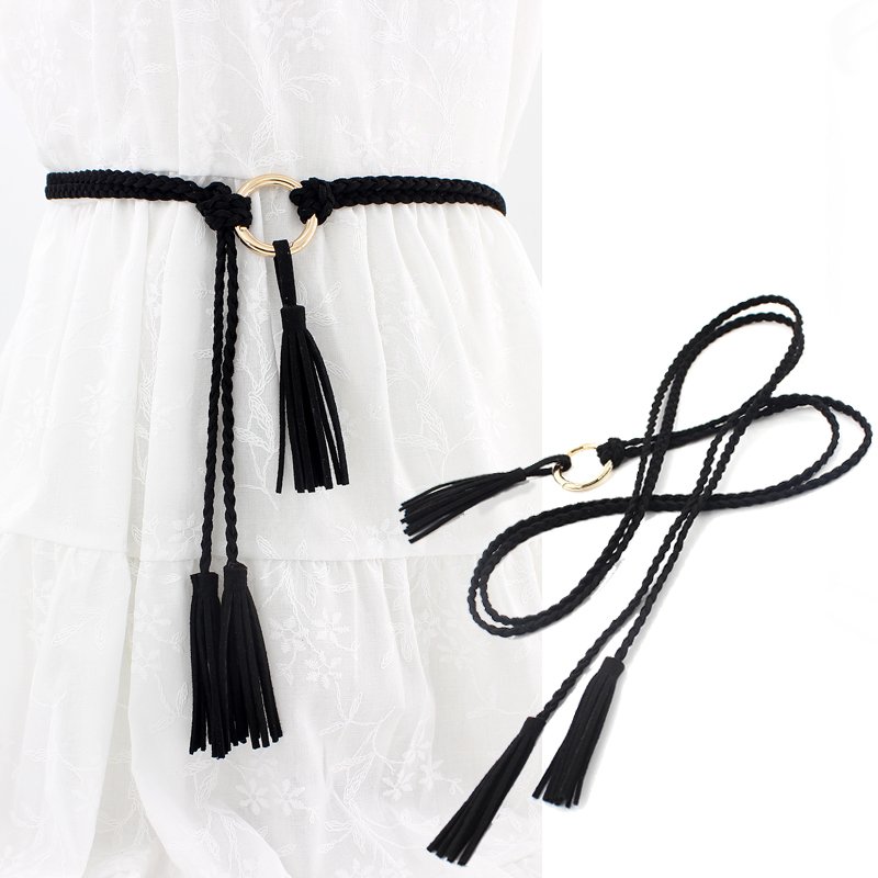 Women Girls Superfabric Suede Tassel Braided Waist Belt Rope Chain Skinny Knotted Belts for Dresses