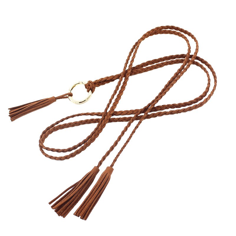 Women Girls Superfabric Suede Tassel Braided Waist Belt Rope Chain Skinny Knotted Belts for Dresses