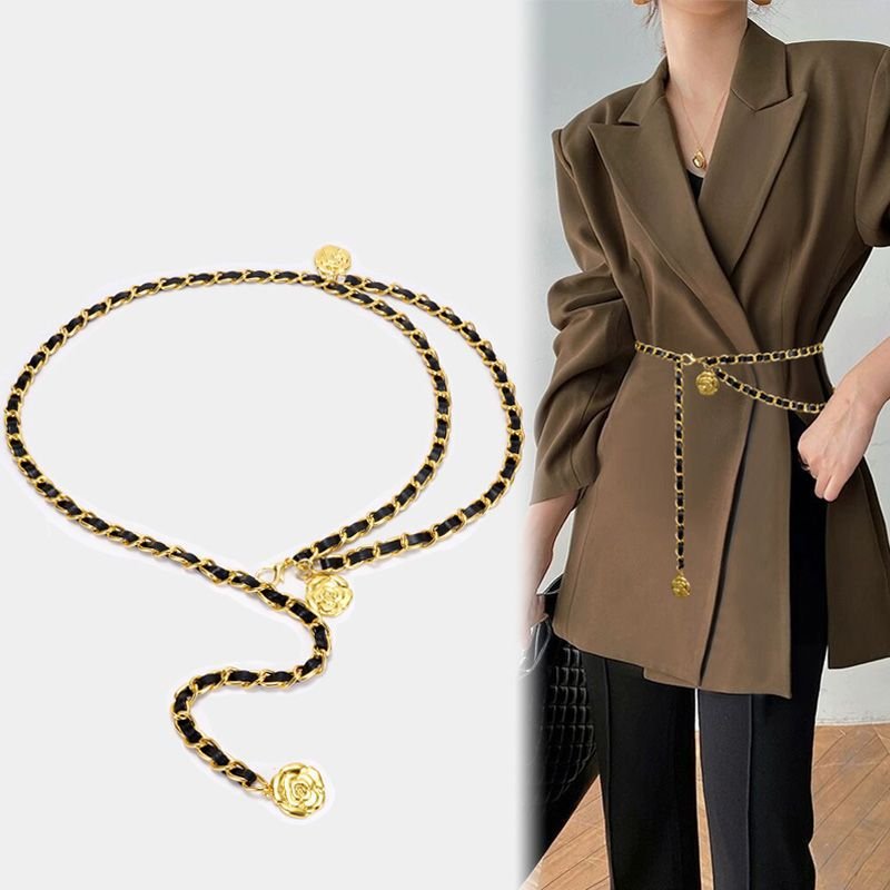 Korean Fashion Designer Camellia Waist Chain PU Leather Alloy Body Chain Women Dress Suit Waist Belt Decorations Accessories