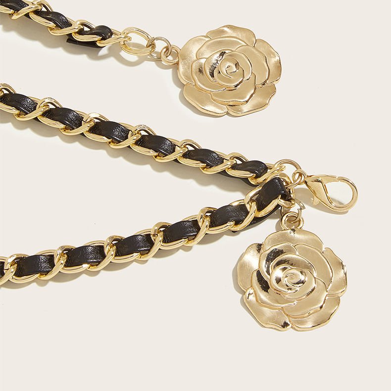 Korean Fashion Designer Camellia Waist Chain PU Leather Alloy Body Chain Women Dress Suit Waist Belt Decorations Accessories